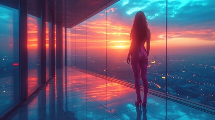 Gorgeous Woman wearing Latex Pink Neutral Fashion Combination - Woman on a Balustrade Background of Architectural Skyscraper Terrace created with Generative AI Technology - obrazy, fototapety, plakaty