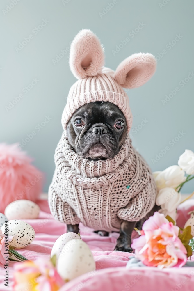 Wall mural Easter cute dog in hat with bunny ears