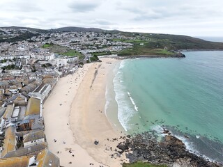 Porthmeor Beach St Ives Cornwall on calm summers day drone,aerial