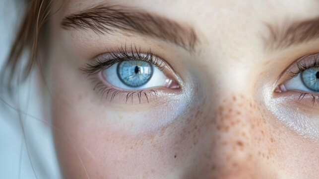 Close-up of woman's blue eyes, both irises visible.