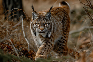 A Lynx in a stealthy prowling stance