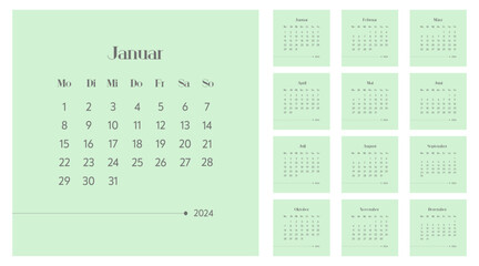 2024 calendar vector design template, simple and clean design. Calendar in German. The week starts on Monday.