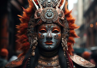 Woman in an elaborate tribal mask with feathers and detailed metalwork