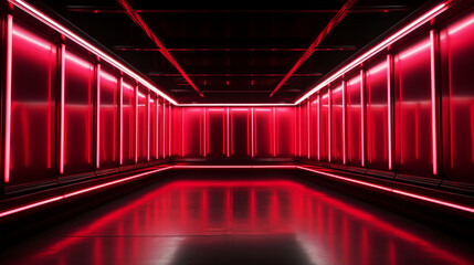 Dark room interior with red glowing neon. Laser linear shape glowing in the dark. Modern corridor or nightclub design. Generative AI