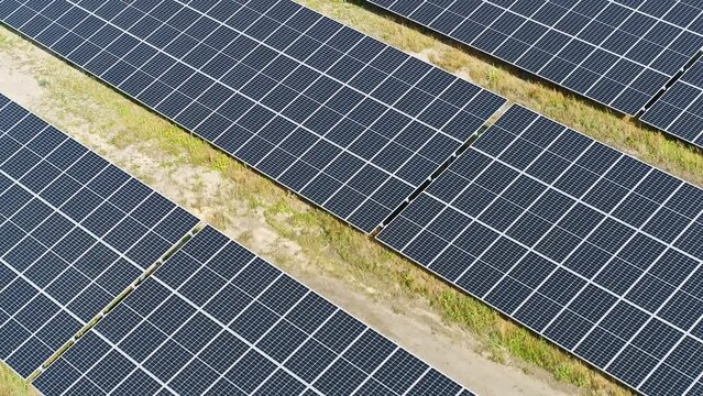 Drone shot of solar panels in Germany. Drone looks 90 degrees downwards