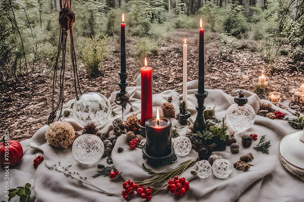 Wall mural burning candle, moon symbol, amulet and crystal ball lying on a light natural background. witchcraft