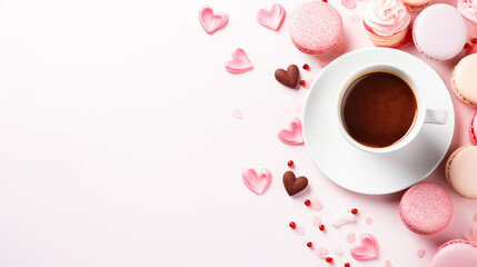 Obraz na płótnie Canvas A cup of hot coffee, sweet macaroons for Valentine's Day, Mother's Day. Romantic breakfast