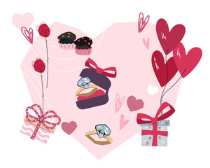 Valentine's Day or marriage proposal gift concept of banner, decorative design element, flat vector illustration isolated on white background. Romantic holiday banner or card backdrop.