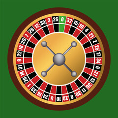 Casino gambling roulette wheel isolated on green background