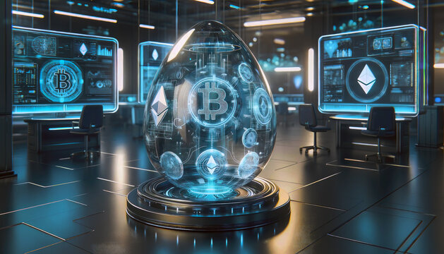 Bitcoin inside Easter egg in titanium steampunk theme with BTC symbol, financial market concept, digital currency, crypto, birth, generative ai