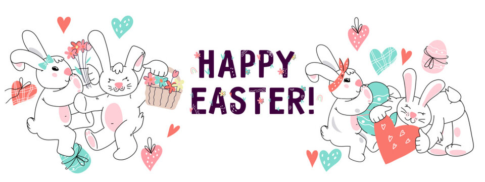 Happy Easter horizontal banner or poster, greeting card template with bunny and Easter eggs, hand drawn cartoon vector illustration isolated on white background.