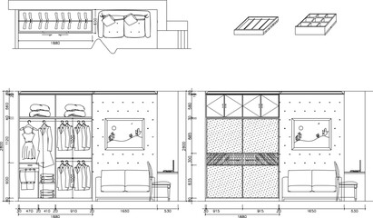 Vector sketch illustration of technical design of home wardrobe interior furniture