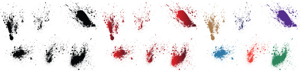Grunge blood splatter purple, orange, black, red, green, wheat color vector background set
