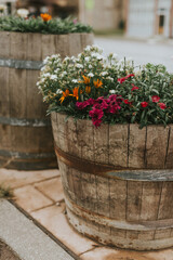 Wooden Barrel full of colorful flowers