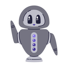 Cute Robot character. Chatbot, AI bot mascot, digital cyborg. Futuristic technology service. Communication artificial intelligence. Vector illustration in cartoon doodle style