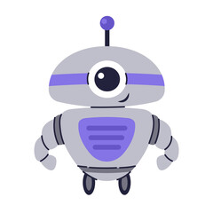 Cute Robot character. Chatbot, AI bot mascot, digital cyborg. Futuristic technology service. Communication artificial intelligence. Vector illustration in cartoon doodle style