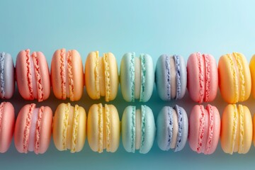 colorful macaroons on a blue background,  Sweet elegance: Assorted macarons in soft, inviting...