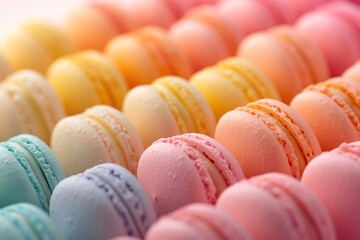 A collection of pastel-colored macarons artfully arranged in a gradient,.An array of pastel-colored macarons arranged artfully