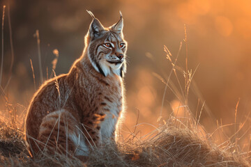 A Lynx bathed in sunlight, with a penetrating stare - obrazy, fototapety, plakaty