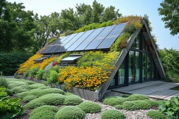 Solar panels and vibrant greenery define this sustainable rooftop habitat, Solar panels on a green roof