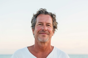 Casual summer portrait of an American man, relaxed and sunny, white background
