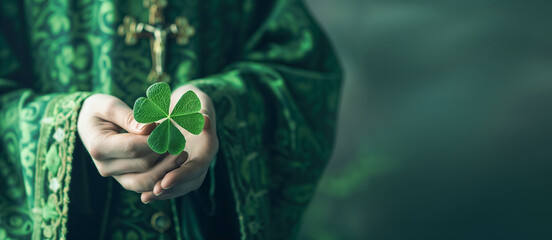 Saint Patrick in green clerical vestments holding a shamrock for preaching, close-up. Holiday Saint Patrick's Day