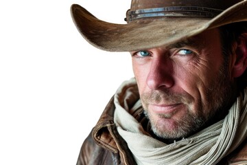 Cowboy portrait of an American man, western and rugged, white background