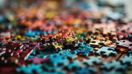 Colorful jigsaw puzzle is partially completed on table.