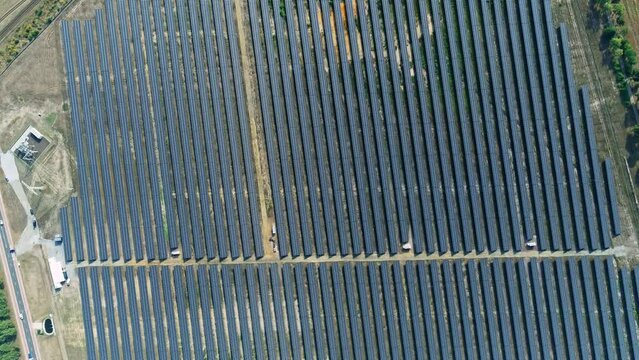 Top down drone Shot of solar panels. Drone looks 90 degrees downwards. Top shot 