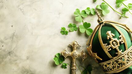 Bishop St. Patrick's vestment, headdress decorated gold cross and green precious stones, shamrock, light background. - obrazy, fototapety, plakaty