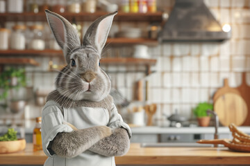 Anthropomorpher Hase als Küchenchef mit weißer Schürze und verschränkten Armen in der Küche. Lustiges Hintergrundbild oder Grußkarte für Ostern