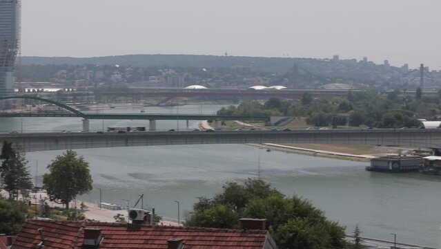 Bridges Over River Sava and Floating Restaurants Pontoons at New Belgrade Coast Serbia Summer