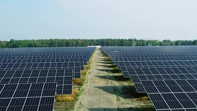 Drone shot of solar panels in Germany. Drone move forward