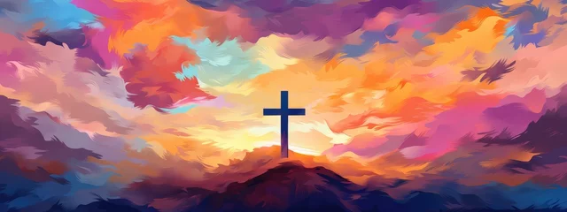 Foto op Plexiglas Vibrant Expression of Faith: A Digital Artistic Rendition of the Cross at Sunset - Generative AI © Gelpi