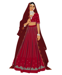 Woman in red dress indian traditional outfit full lehenga choli bride vector illustration