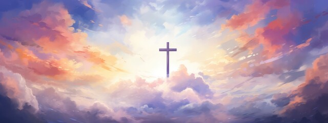 Vibrant Expression of Faith: A Digital Artistic Rendition of the Cross at Sunset - Generative AI