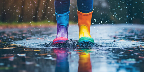 Closeup of pair of brightly colored kids rain boots splashing water through puddles. Water-resistant children's shoes for autumn fall walks in puddles. 
