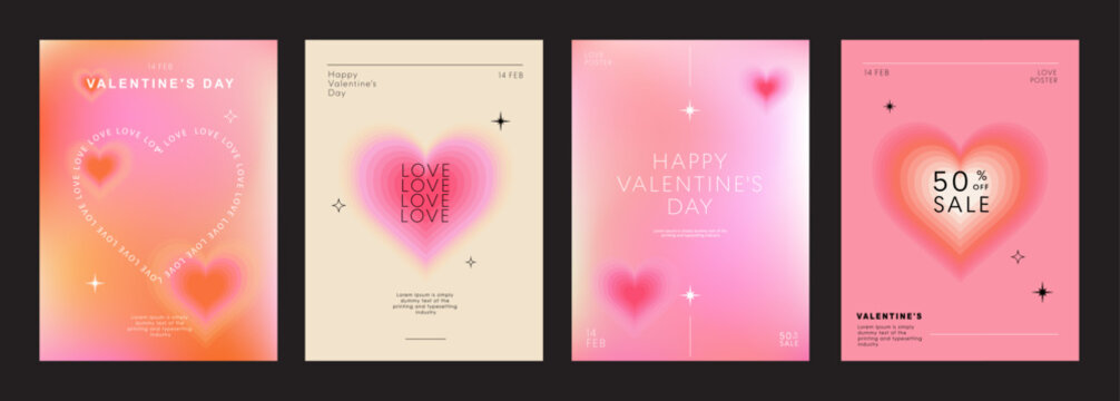 Set of Modern design templates for Valentines day, Love card, banner, poster, cover, invitation. Trendy minimalist aesthetic with gradients and typography, y2k backgrounds. vector illustration.