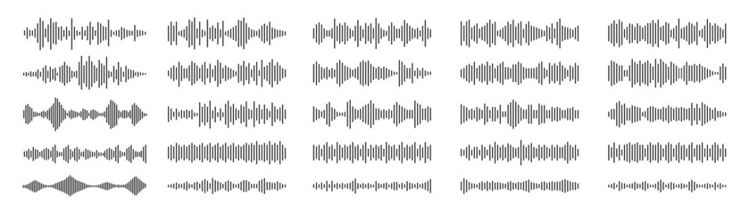 Sound wave set. Sound waves for voice message. Audio wave icon. Waveform pattern for music player or app. Recording music. Equalizer template.