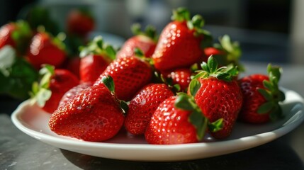 Fresh, ripe strawberries arranged neatly on a pristine white plate: