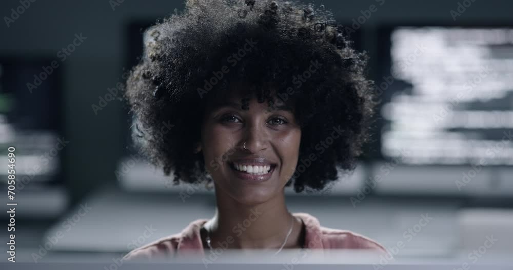 Poster Business woman, glasses and computer for programming, information technology or cybersecurity in office. Face of African programmer or software engineer with coding, vision and data solution at night