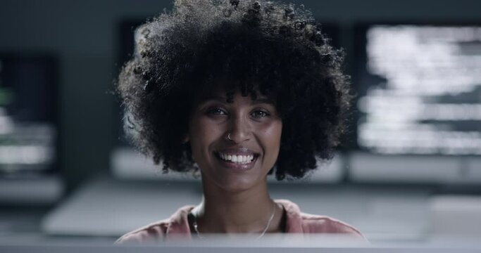 Business woman, glasses and computer for programming, information technology or cybersecurity in office. Face of African programmer or software engineer with coding, vision and data solution at night