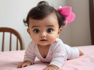 Fototapeta premium A cute baby girl lying on bed