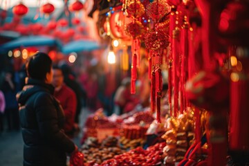 Celebration in Motion: Chinese New Year Shopping - Shoppers Bustling Through a Vibrant Market, Selecting Lucky Red Decorations, Gifts, and Festive Items to Celebrate the New Year.

