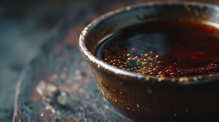 Closeup of rich, fermented soy sauce in traditional ceramic bowl.