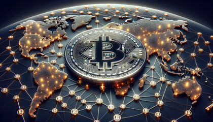 Bitcoin blockchain network around the world, global, digital currency, peer to peer, node concept, miner, cryptocurrency, decentralized finance, generative ai