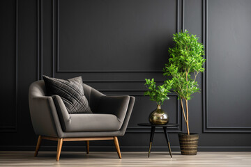 Embrace comfort with a dark color single sofa chair adorned with a cute little plant, against a minimalist solid wall featuring a blank empty frame for your personalized touch.
