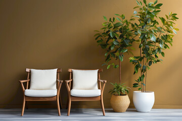 Embrace simplicity with two chairs and a table, accompanied by a cute little plant, set against a simple solid wall with a blank empty white frame for your creative touch.