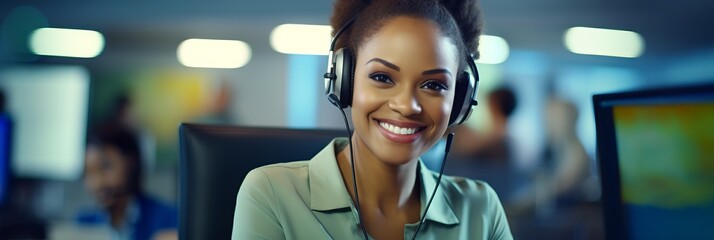 A smiling African-American woman with headphones and a microphone in a call center, banner - obrazy, fototapety, plakaty