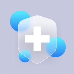 Fototapeta premium Glass icon of Shield with white cross. Glass morphism vector symbol of protection against viruses and diseases